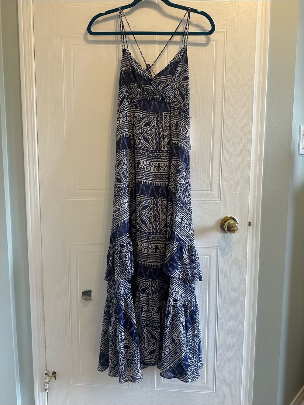 Blue Printed Tiered Maxi Dress - Urba